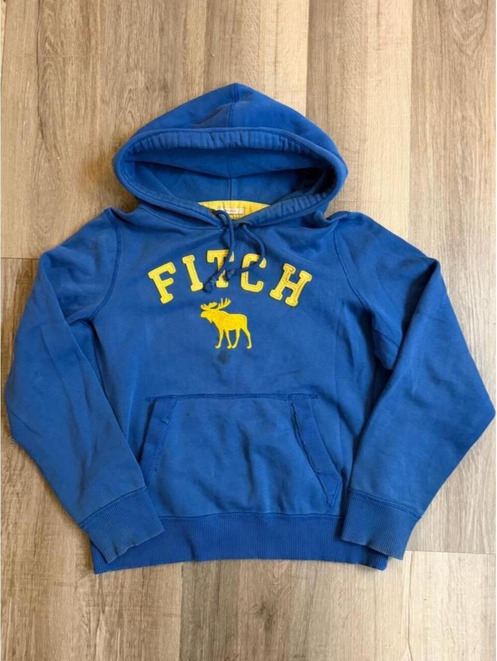 Abercrombie & Fitch Y2K Blue Hoodie with Yellow Fitch Text and Moose Graphic XXL